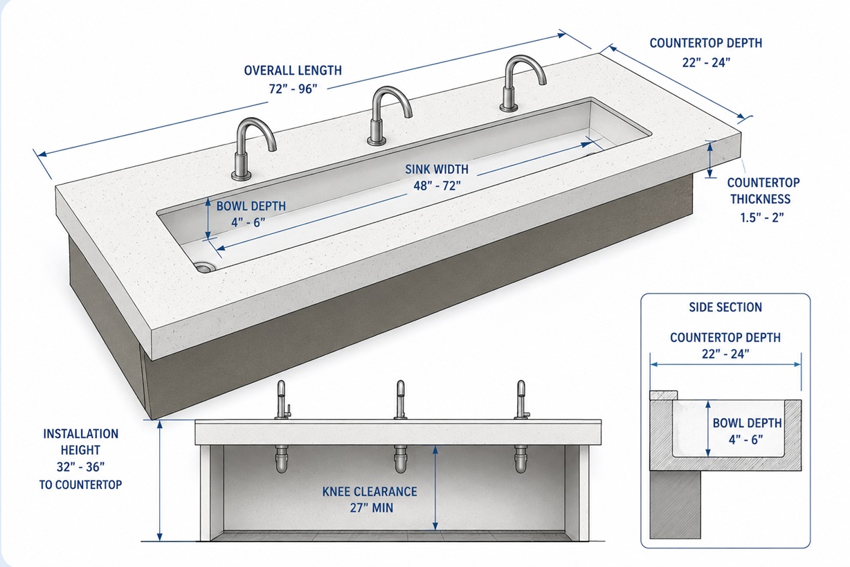 large bathroom sink dimensions diagram showing width depth and height measurements for commercial restroom installation